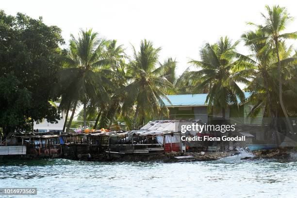 From the lagoon, the contour of the land is visable on August 15, 2018 in Funafuti, Tuvalu. One property lost 15m of sand and vegetation after...