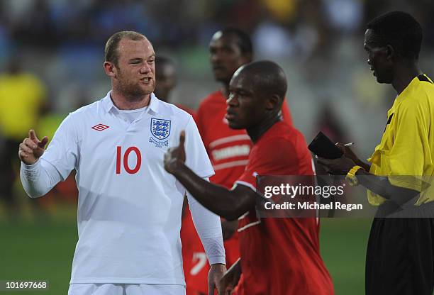 Wayne Rooney of England has words with the referee during the friendly match between England and Platinum Stars at the Moruleng Stadium on June 7,...