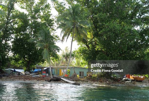 From the lagoon, the contour of the land is visable on August 15, 2018 in Funafuti, Tuvalu. One property lost 15m of sand and vegetation after...