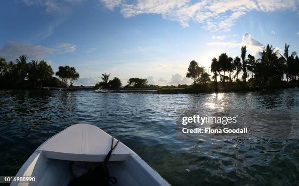 From the lagoon, the contour of the land is visable on August 15, 2018 in Funafuti, Tuvalu. One property lost 15m of sand and vegetation after...