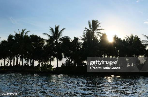 From the lagoon, the contour of the land is visable on August 15, 2018 in Funafuti, Tuvalu. One property lost 15m of sand and vegetation after...