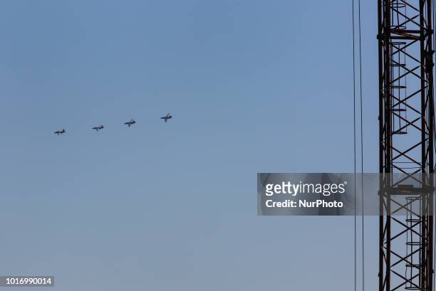 Ukrainian military aviation flies over Kyiv outskirts during the preparation for a parade to mark the 27-Anniversary of State Independence in Kyiv,...