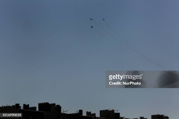 Ukrainian military aviation flies over Kyiv outskirts during the preparation for a parade to mark the 27-Anniversary of State Independence in Kyiv,...