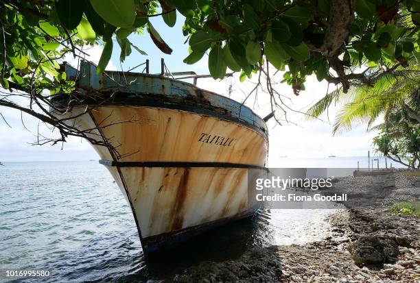 The Taivalu stands on the shores after a cyclone caused it to run aground on August 15, 2018 in Funafuti, Tuvalu. Cyclones are predicted to be less...