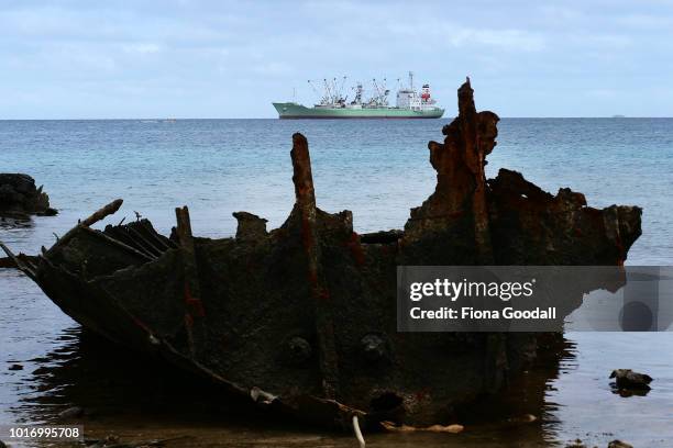 Foreign fishing motherships and ship wrecks on the shores of the lagoon on August 15, 2018 in Funafuti, Tuvalu. The small South Pacific island nation...