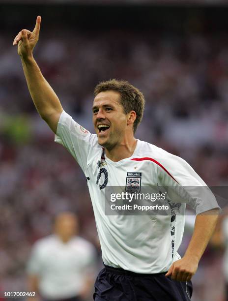 Michael Owen of England celebrates after scoring a goal during the UEFA Euro 2008 qualifying match between England and Israel at Wembley Stadium on...