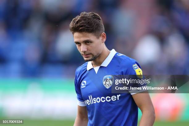 Rob Hunt of Oldham Athletic during the Carabao Cup First Round match between Oldham Athletic and Derby County at Boundry Park on August 14, 2018 in...