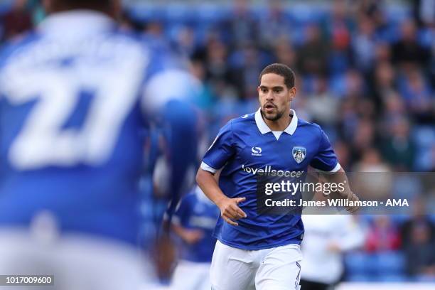 Giles Coke of Oldham Athletic during the Carabao Cup First Round match between Oldham Athletic and Derby County at Boundry Park on August 14, 2018 in...