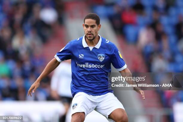 Giles Coke of Oldham Athletic during the Carabao Cup First Round match between Oldham Athletic and Derby County at Boundry Park on August 14, 2018 in...