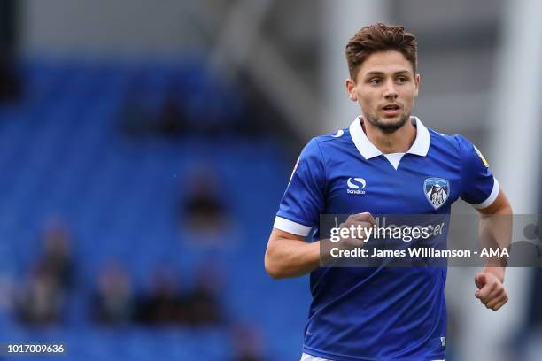 Rob Hunt of Oldham Athletic during the Carabao Cup First Round match between Oldham Athletic and Derby County at Boundry Park on August 14, 2018 in...