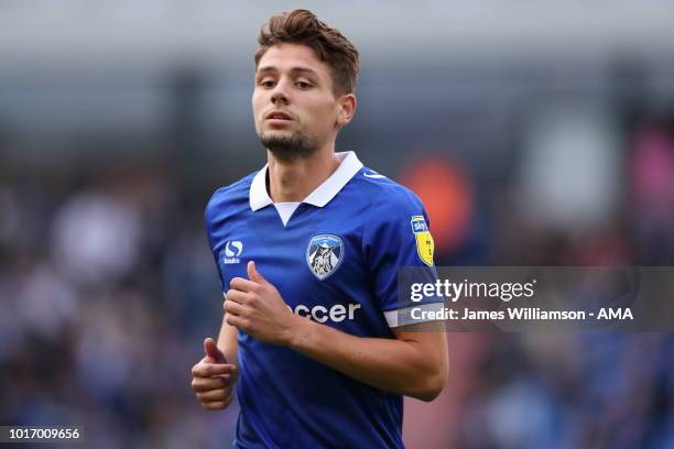 Rob Hunt of Oldham Athletic during the Carabao Cup First Round match between Oldham Athletic and Derby County at Boundry Park on August 14, 2018 in...