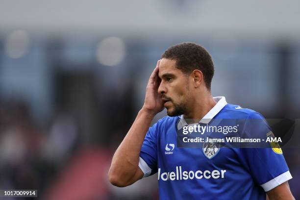 Giles Coke of Oldham Athletic reacts during the Carabao Cup First Round match between Oldham Athletic and Derby County at Boundry Park on August 14,...