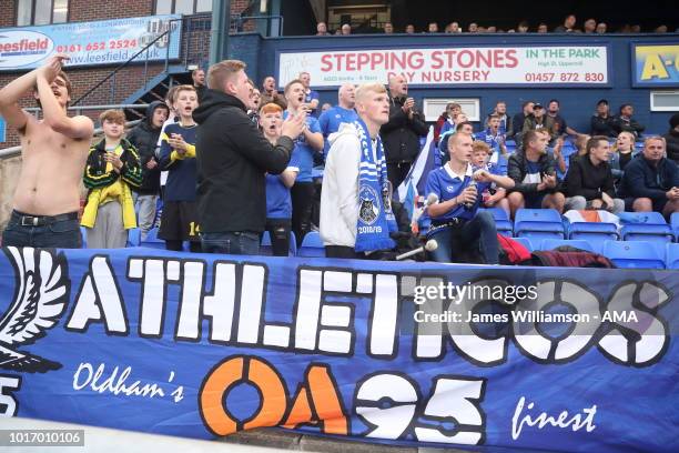 Oldham Athletic fans during the Carabao Cup First Round match between Oldham Athletic and Derby County at Boundry Park on August 14, 2018 in Oldham,...