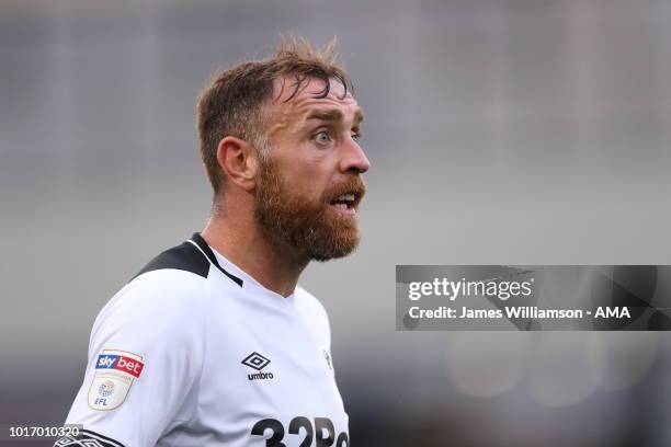 Richard Keogh of Derby County during the Carabao Cup First Round match between Oldham Athletic and Derby County at Boundry Park on August 14, 2018 in...