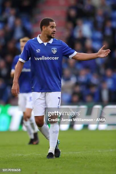 Giles Coke of Oldham Athletic during the Carabao Cup First Round match between Oldham Athletic and Derby County at Boundry Park on August 14, 2018 in...