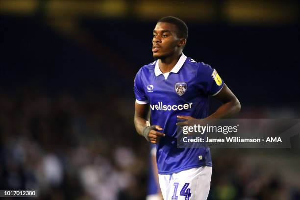 Jonathan Benteke of Oldham Athletic during the Carabao Cup First Round match between Oldham Athletic and Derby County at Boundry Park on August 14,...