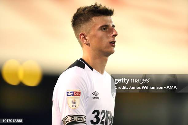 Mason Mount of Derby County during the Carabao Cup First Round match between Oldham Athletic and Derby County at Boundry Park on August 14, 2018 in...