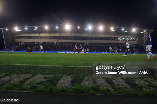 General view of action in front of the Joe Royle stand at Boundry Park home stadium of Oldham Athletic during the Carabao Cup First Round match...