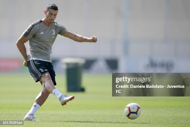 Juventus player Cristiano Ronaldo during a Juventus training session at JTC on August 15, 2018 in Turin, Italy.