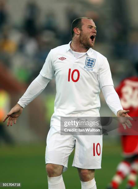 Wayne Rooney of England reacts during the friendly match between England and Platinum Stars at the Moruleng Stadium on June 7, 2010 in Moruleng,...