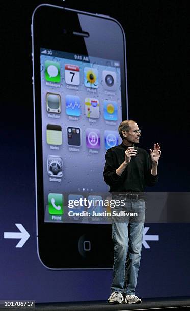 Apple CEO Steve Jobs announces the new iPhone 4 as he delivers the opening keynote address at the 2010 Apple World Wide Developers conference June 7,...