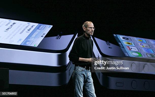 Apple CEO Steve Jobs announces the new iPhone 4 as he delivers the opening keynote address at the 2010 Apple World Wide Developers conference June 7,...