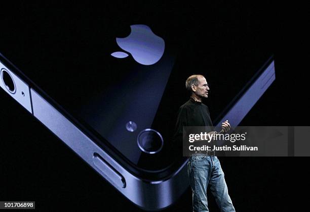 Apple CEO Steve Jobs announces the new iPhone 4 as he delivers the opening keynote address at the 2010 Apple World Wide Developers conference June 7,...