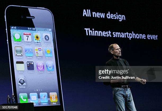 Apple CEO Steve Jobs announces the new iPhone 4 as he delivers the opening keynote address at the 2010 Apple World Wide Developers conference June 7,...