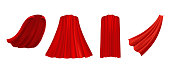 Superhero red cape in different positions, front, side and back view  on white background.
