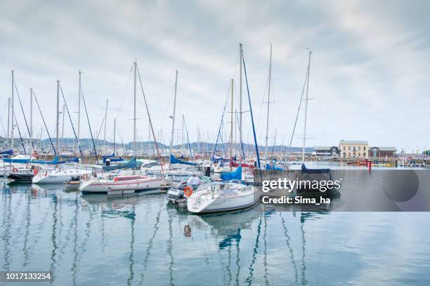view on old port of gijon and yachts, asturias, spain - gijon stock pictures, royalty-free photos & images