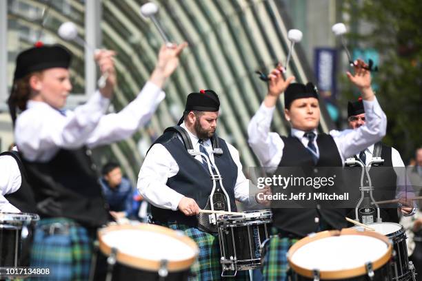 Scottish Society of New Zealand play in Buchanan street during the Piping Live Glasgow International Piping Festival on August 15, 2018 in Glasgow,...