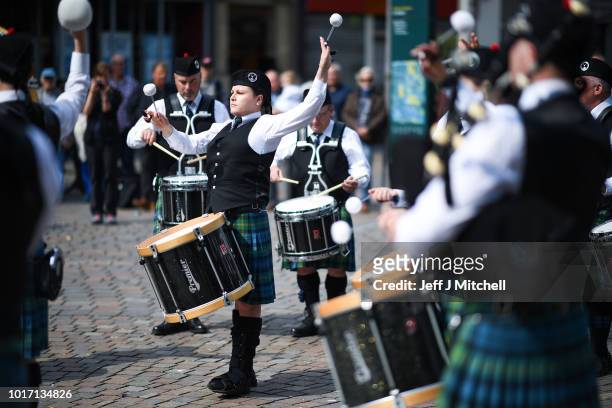 Scottish Society of New Zealand play in Buchanan street during the Piping Live Glasgow International Piping Festival on August 15, 2018 in Glasgow,...