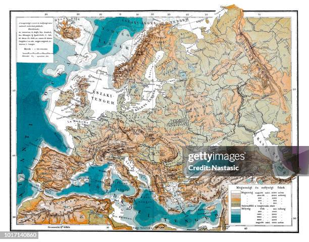 europe's mountain and water map - density map stock illustrations