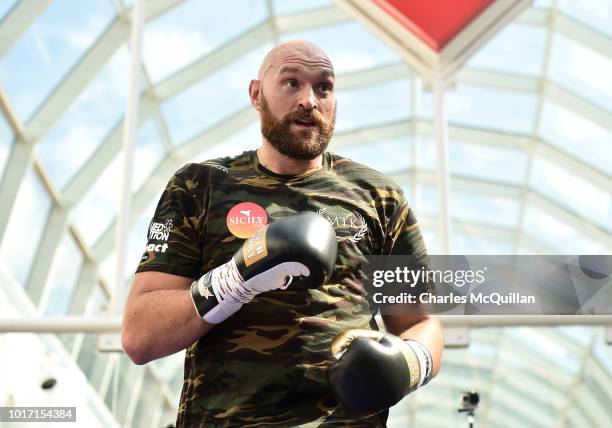 Tyson Fury during an open public workout at Castle Court on August 15, 2018 in Belfast, Northern Ireland. The Carl Frampton boxing bill also...