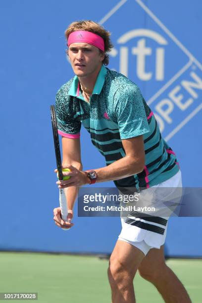 Alexander Zverev of Germany prepares to serve to Alex De Minaur of Australia during the Men's Finals on Day Nine of the Citi Open at the Rock Creek...