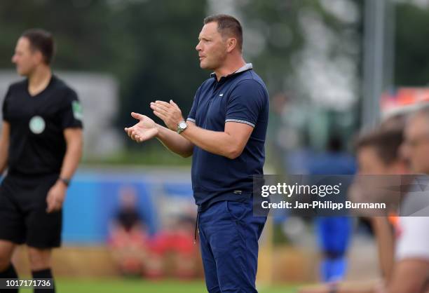 Coach Pal Dardai of Hertha BSC gestures during the game between Hertha BSC and Hallescher FC at the Amateurstadion on august 15, 2018 in Berlin,...