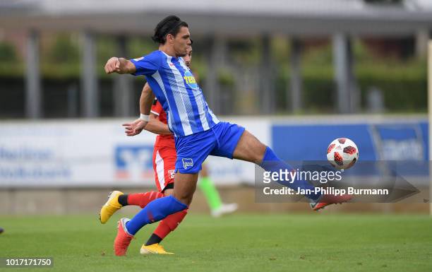 Karim Rekik of Hertha BSC controls the ball during the game between Hertha BSC and Hallescher FC at the Amateurstadion on august 15, 2018 in Berlin,...