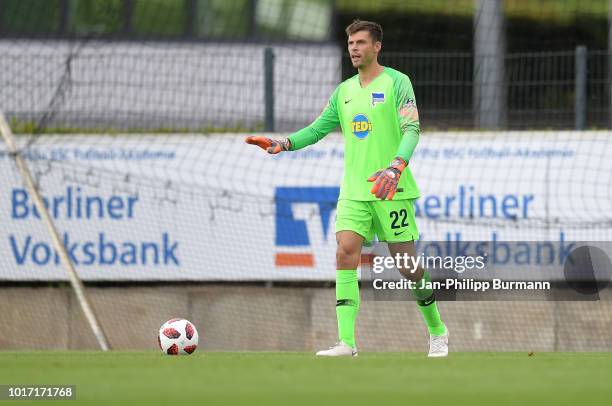 Rune Almenning Jarstein goalkeeper of Hertha BSC controls the ball during the game between Hertha BSC and Hallescher FC at the Amateurstadion on...