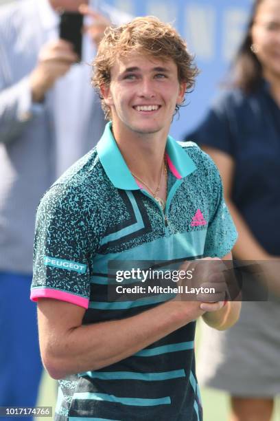 Alexander Zverev of Germany looks on after Alex De Minaur of Australia during the Men's Finals on Day Nine of the Citi Open at the Rock Creek Tennis...