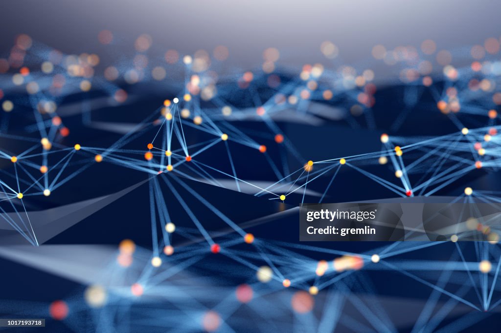 Abstract background of spheres and wire-frame landscape