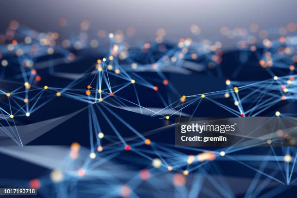 abstract background of spheres and wire-frame landscape - connection stock pictures, royalty-free photos & images