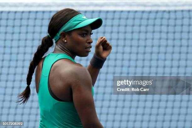 Sloane Stephens of the United States celebrates match point after defeating Tatjana Maria of Germany during Day 5 of the Western and Southern Open at...