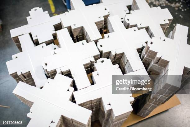 Pre-cut specialty packaging sits stacked at the Great Little Box Co. Manufacturing facility in Vancouver, British Columbia, Canada, on Friday, Aug....