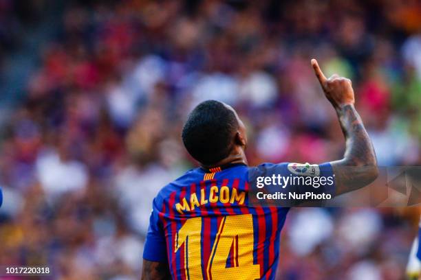 Malcom Filipe from Brasil celebrating his first goal during the Joan Gamper trophy game between FC Barcelona and CA Boca Juniors in Camp Nou Stadium...