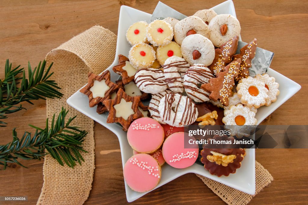 Plate with a big selection of Christmas cookies