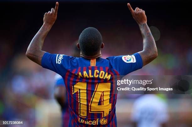 Malcom of Barcelona celebrates after scoring a goal during the Joan Gamper Trophy match between FC Barcelona and Boca Juniors at Camp Nou on August...