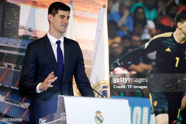 Thibaut Courtois of Real Madrid speaks during the presentation at Estadio Santiago Bernabeu on August 9, 2018 in Madrid, Spain.