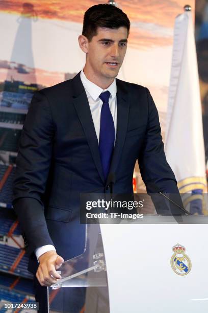 Thibaut Courtois of Real Madrid speaks during the presentation at Estadio Santiago Bernabeu on August 9, 2018 in Madrid, Spain.