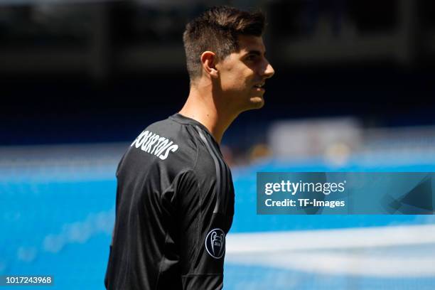 Thibaut Courtois of Real Madrid poses during the presentation at Estadio Santiago Bernabeu on August 9, 2018 in Madrid, Spain.