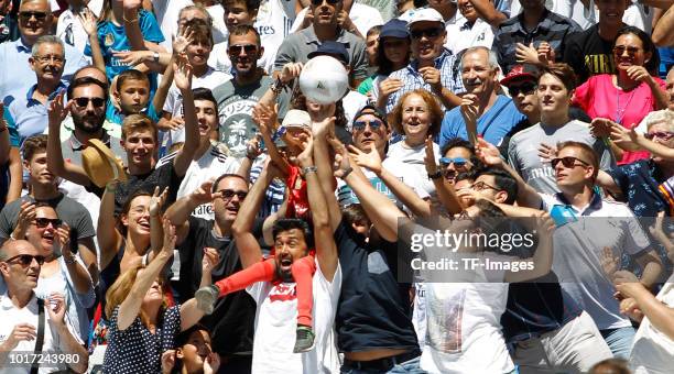 Supporters of Real Madrid are seen during the presentation at Estadio Santiago Bernabeu on August 9, 2018 in Madrid, Spain.